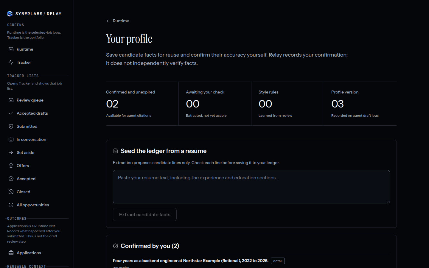 Relay profile page, the candidate fact ledger, showing two confirmed fictional facts available for agent citations and a resume extraction box.