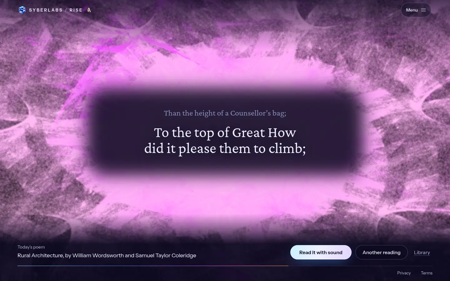 RISE Home: a line of a poem over a magenta visual field, with the buttons Read it with sound, Another reading and Library.