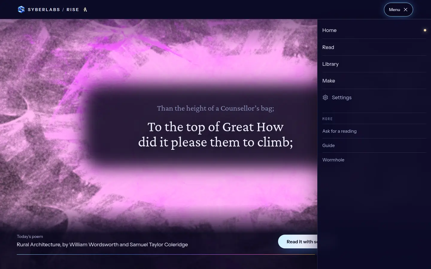 The RISE Menu open over Home, listing Home, Read, Library, Make and Settings, then Ask for a reading, Guide and Wormhole.