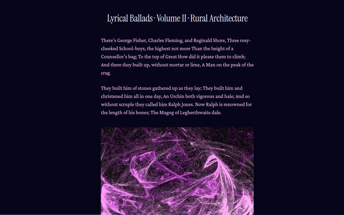 RISE Read in Page view: the poem set as a page under the title Lyrical Ballads, Volume II, Rural Architecture, with the visual field below.