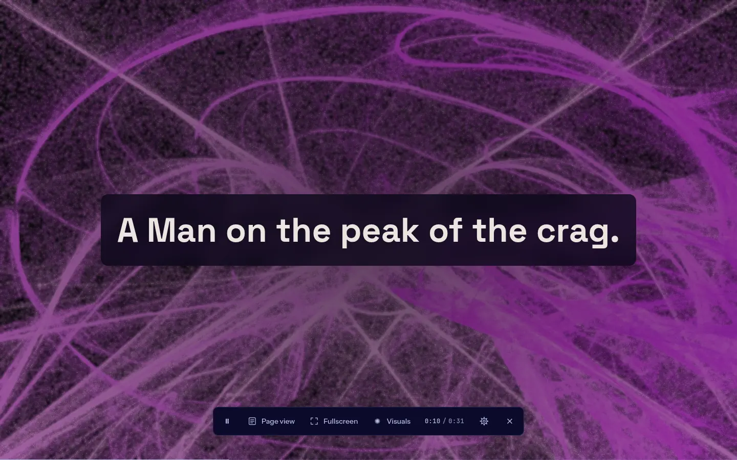 RISE Read in Stream: one phrase of the poem large on a dark panel over the visual field, with a control bar showing 0:10 of 0:31.